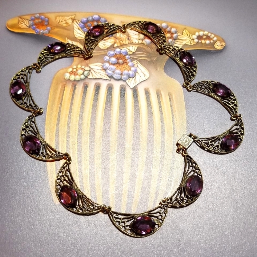 Antique Art Deco Filigree Purple Paste Stone Necklace